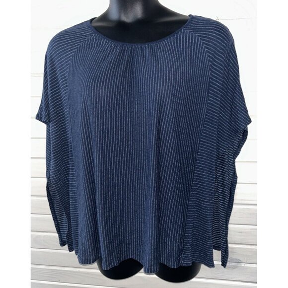 J. JILL Sz PLUS 2X Navy Blue White Stripe Caftan Linen Tee Tunic EUC - Picture 1 of 10